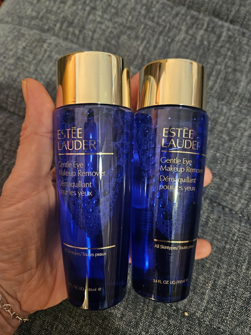 Lot of 2 Estee Lauder Gentle Eye Makeup Remover Bottles - Blue with Gold Caps